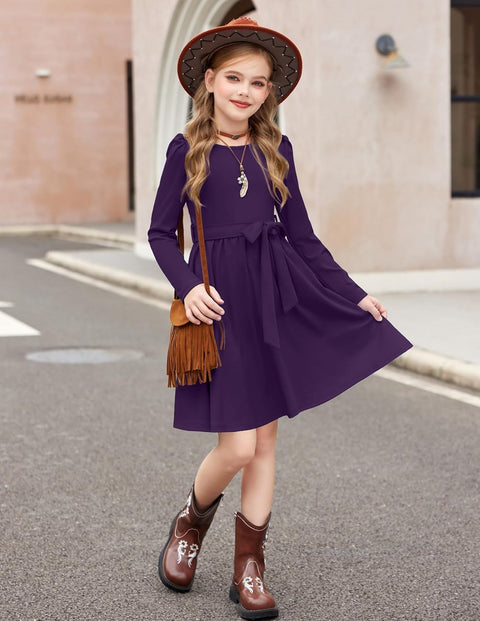 Arshiner Girls Dresses Puff Long Sleeve Formal Belted Dress