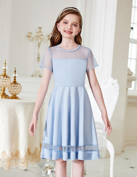 Arshiner Tween Girls Dress Formal Contrast Mesh Short Sleeve A Line Party Dresses