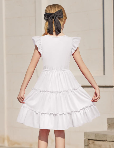 Arshiner Girl's Dress Ruffle Sleeve Tiered Dresses with Pockets 5-12 Years