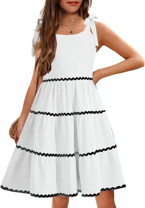 Arshiner Girl's Sundresses Boho Tie Shoulder Cami Midi Tiered Dresses