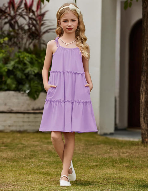 Arshiner Girl Dresses Boho A-Line Swing Flowy Ruffle Tiered Sundress with Pockets