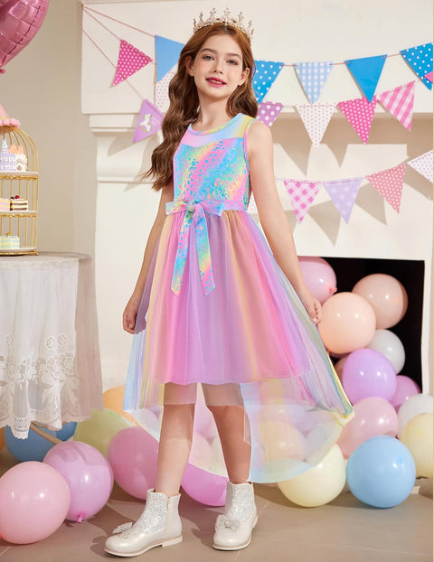 Arshiner Girls Dresses Formal Party Tulle Contrast Mesh Dress with Belt