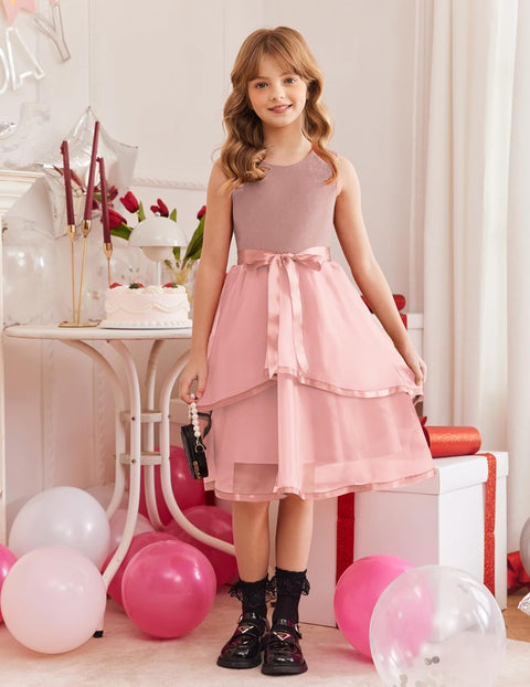 Arshiner Girls Dress Formal Party Fluffy Tulle Sleeveless Belted Dresses 3-11Y