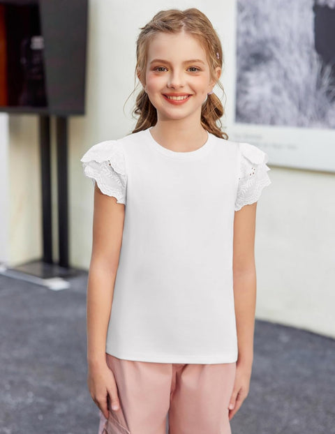 Arshiner Girls T Shirts Lace Petal Short Sleeves Kids Tops Tees