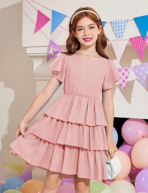 Arshiner Girls Dresses Elegant Ruffle Short Sleeve Back Tie Tiered Dresses