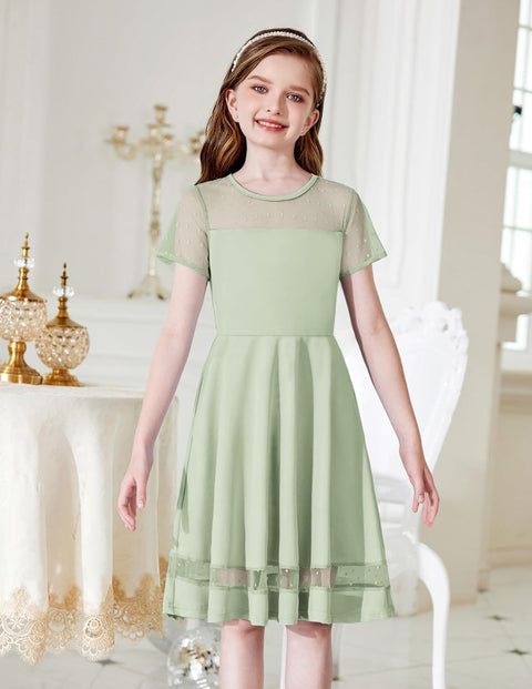 Arshiner Tween Girls Dress Formal Contrast Mesh Short Sleeve A Line Party Dresses