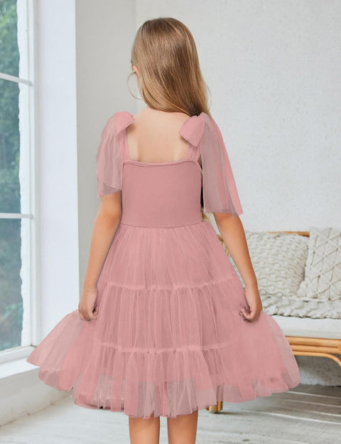 Arshiner Girls Dresses Sleeveless Bow-Tie Straps Tulle Dress