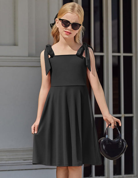 [6Y-11Y] Arshiner Girls Dress Tie Strap Solid Color Party Dresses