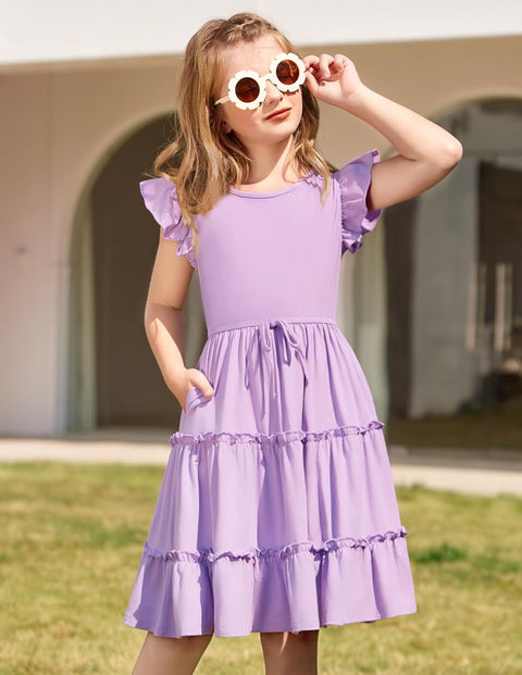 Arshiner Girl's Dress Ruffle Sleeve Tiered Dresses with Pockets 5-12 Years