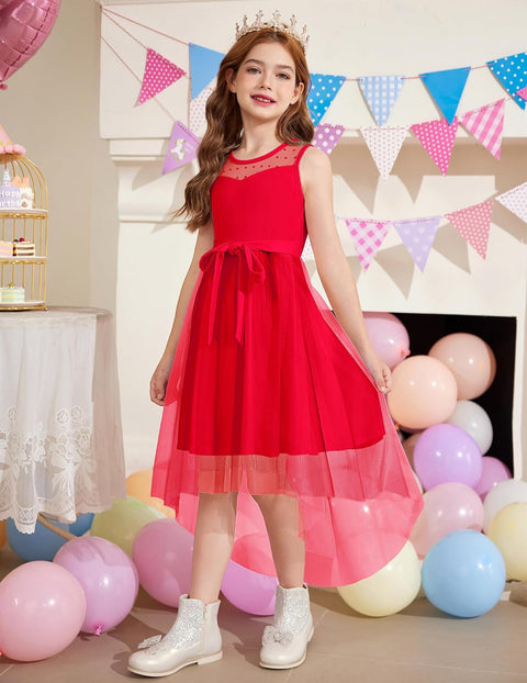 Arshiner Girls Dresses Formal Party Tulle Contrast Mesh Dress with Belt