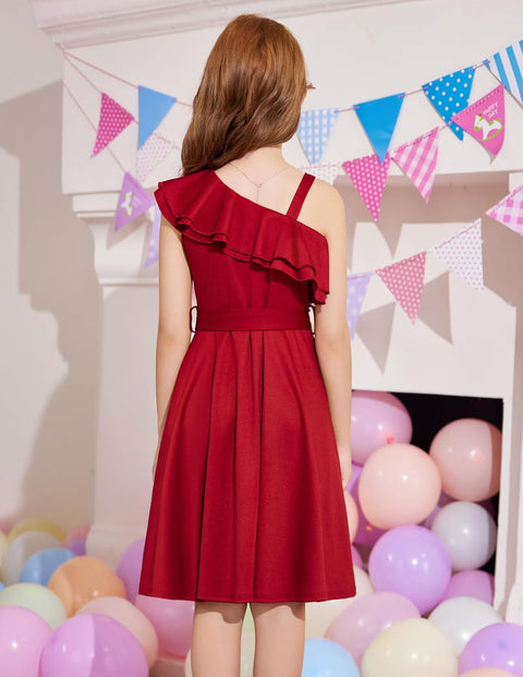 [5Y-12Y] Arshiner Girls Dress One Shoulder Formal Ruffle Trim Party Dresses