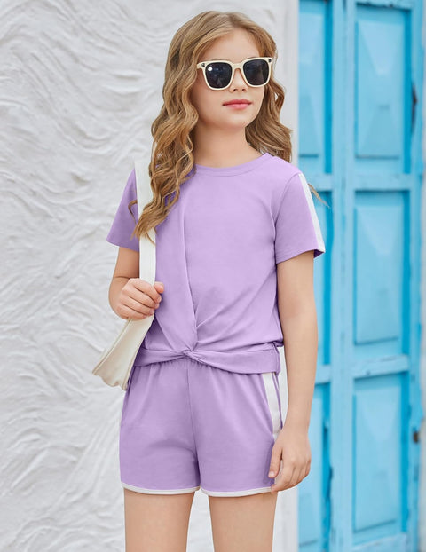Arshiner Girls Clothing Sets Twist Front Top and Shorts 2 Piece Outfits Activewear Tracksuit 5-14 Year