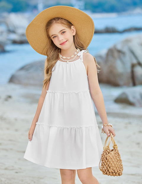 Arshiner Girl Dresses Boho A-Line Swing Flowy Ruffle Tiered Sundress with Pockets