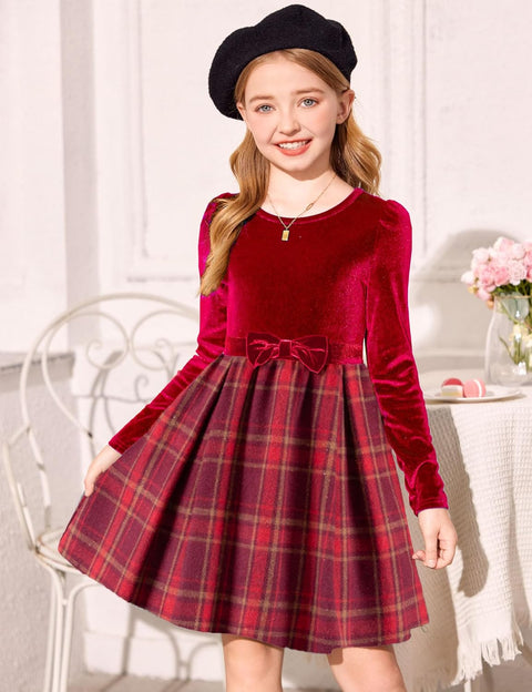 Arshiner Girls Dresses Velvet Plaid Patchwork Party Dress