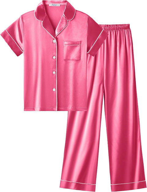 Arshiner Girls Pajamas Silk Satin Button Down Pjs 2 Piece Short Sleeve Sleepwear Set