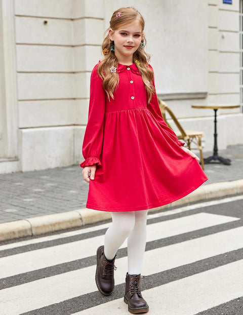 Arshiner Girls Long Sleeve Dress Ruffle Cotton Dresses