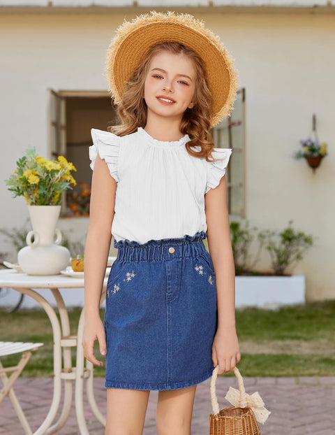 Arshiner Girls Ruffle Short Sleeve Shirts Frill Neck Pleated Blouse Tops