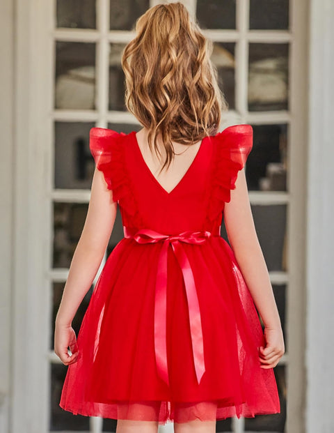 【2-8Y】Arshiner Toddler Dress Ruffle Sleeve V-Back Tie Waist Girl Dresses