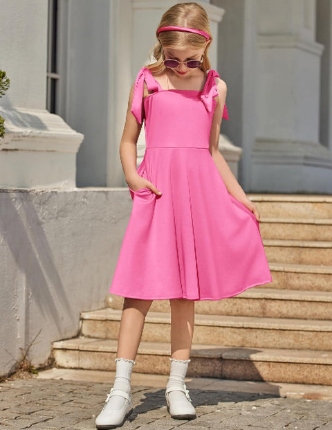 [6Y-11Y] Arshiner Girls Dress Tie Strap Solid Color Party Dresses
