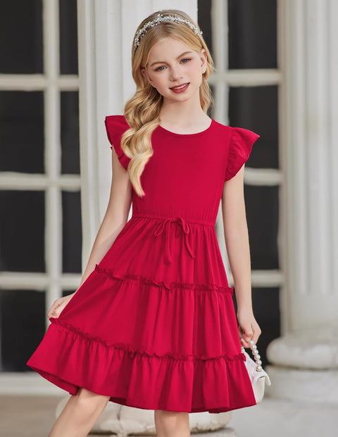 Arshiner Girl's Dress Ruffle Sleeve Tiered Dresses with Pockets 5-12 Years