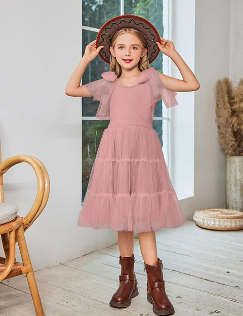 Arshiner Girls Dresses Sleeveless Bow-Tie Straps Tulle Dress