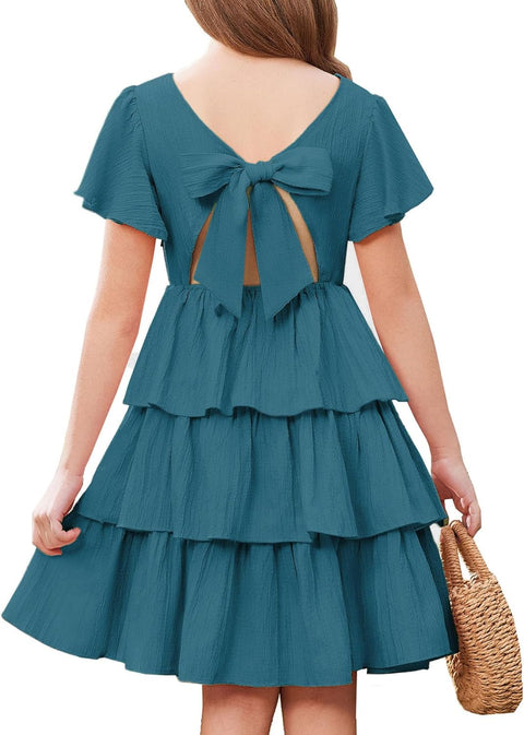 Arshiner Girls Dresses Elegant Ruffle Short Sleeve Back Tie Tiered Dresses