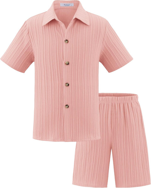 [5Y-12Y] Arshiner Boy's Textured Button Up Shirt and Shorts Set