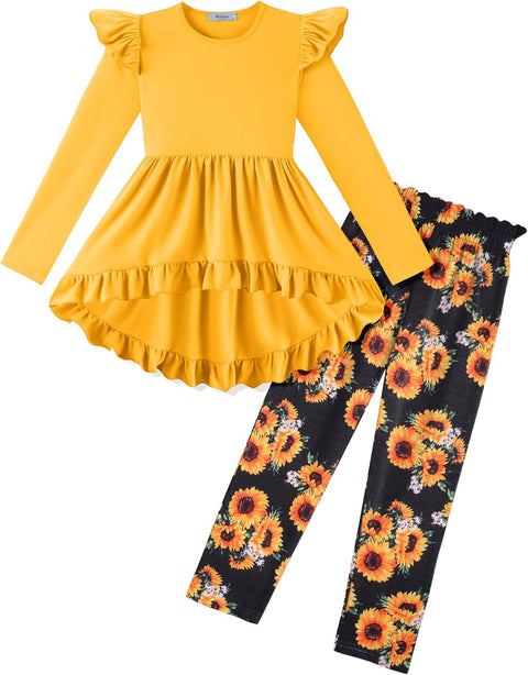Arshiner Toddler Girl Ruffle Trim Long Sleeve Top and Floral Print Leggings Sets