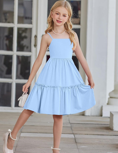 Arshiner Girls Tie Back Dress Spaghetti Strap Ruffle Hem Sundress with Pockets