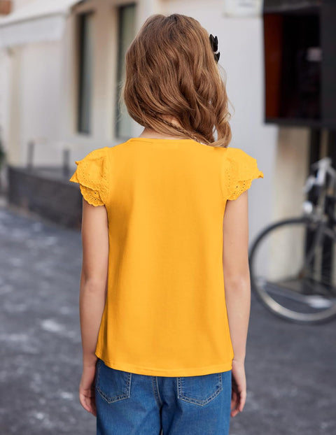 Arshiner Girls Shirts Short Sleeve Square Neck Lace Pleated Tops Blouse Tunic
