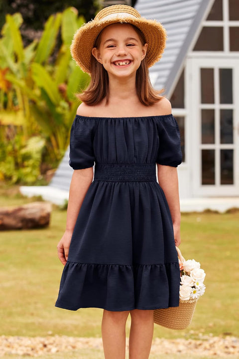 Arshiner Girls Tie Back Short Sleeve Ruffle Hem Off Shoulder Dresses