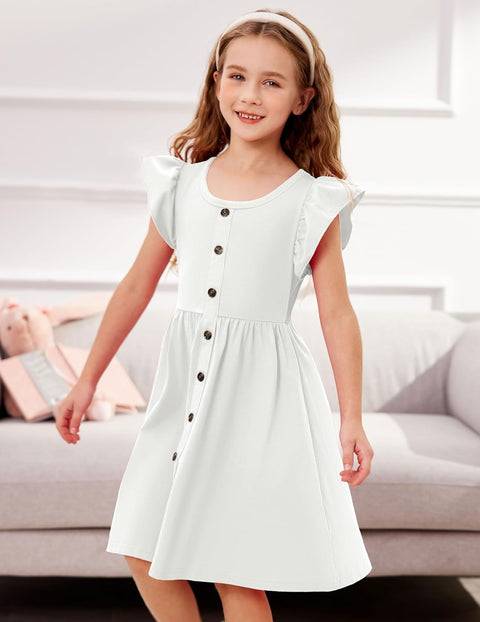 Arshiner Toddler Girls Dresses Flutter Sleeve Decorative Button Down A-line Sundress