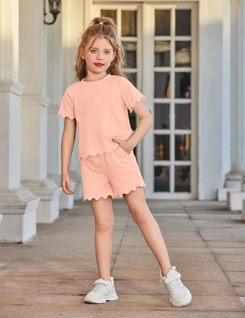 Arshiner Toddler Girls Clothes Ruffle Short Sleeves Crewneck Tops and Shorts with Pockets Cute Summer 2 Pieces Short Sets