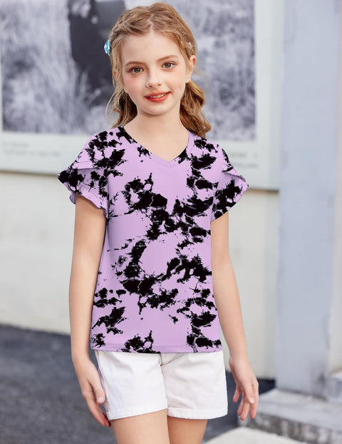Arshiner Girls T Shirts Double Layer Ruffle Short Sleeve V Neck Tops Tee