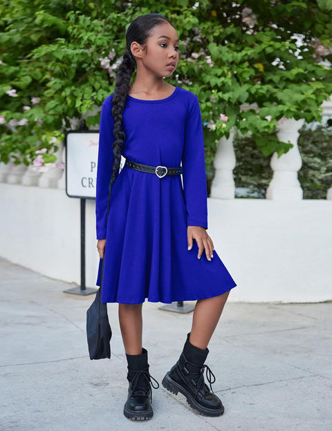 Arshiner Girls Long Sleeve Stretchy Dress A line Twirly Skater School Party Dress