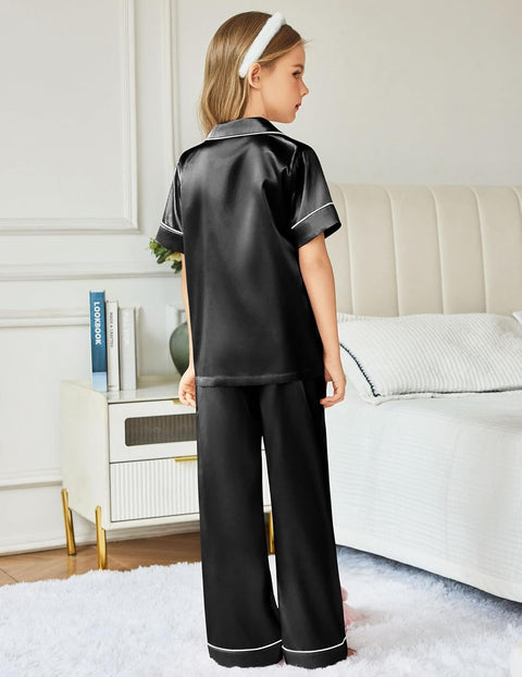 Arshiner Girls Pajamas Silk Satin Button Down Pjs 2 Piece Short Sleeve Sleepwear Set