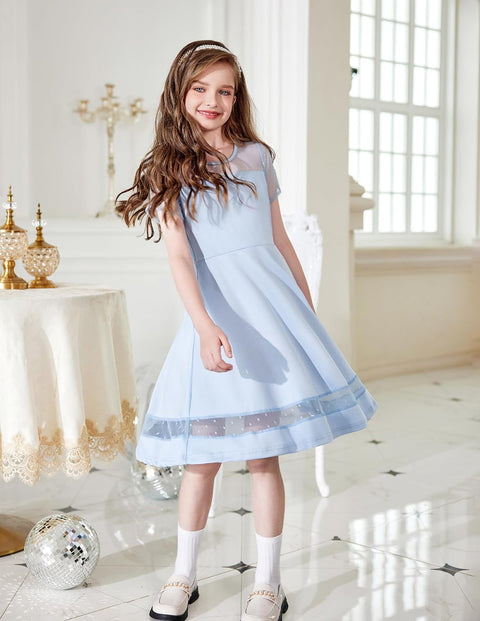 Arshiner Tween Girls Dress Formal Contrast Mesh Short Sleeve A Line Party Dresses