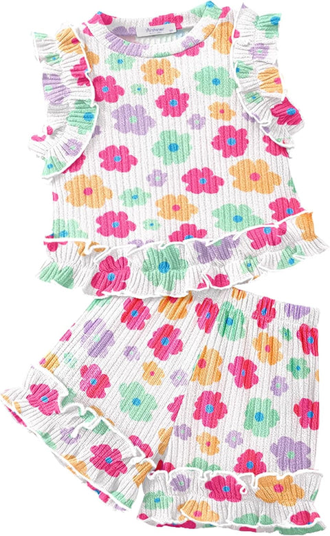 Arshiner Toddler Girls Clothes Ribbed Knit Ruffle Sleeveless Tops and Shorts with Pockets Cute Summer 2 Pieces Short Sets