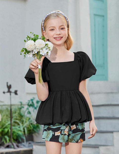 Arshiner Girls 2 Piece Sets Puffed Sleeve Bubble Hem Tops and Short Set