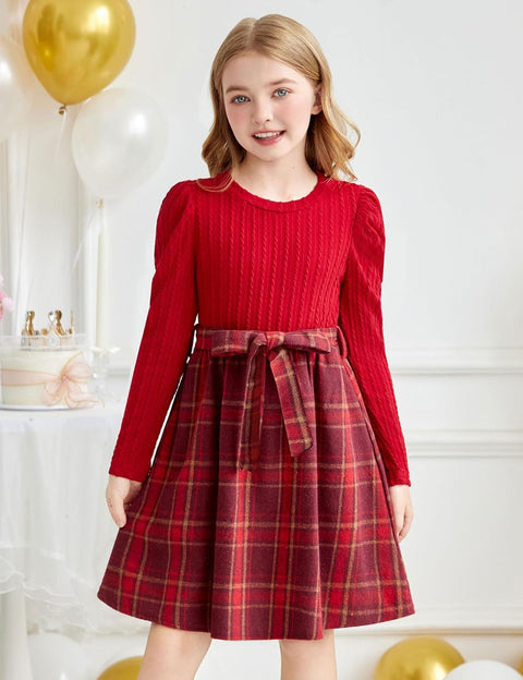 Arshiner Girls Dresses Puff Long Sleeve Rib Knit Plaid Belted Dress