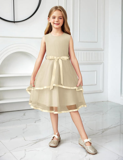 Arshiner Girls Dress Formal Party Fluffy Tulle Sleeveless Belted Dresses 3-11Y