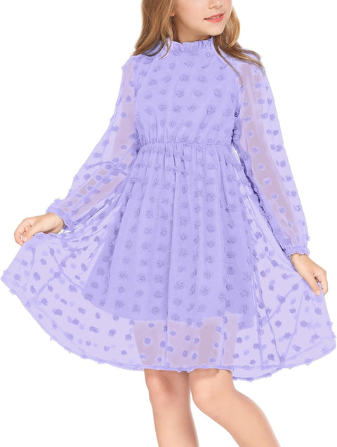 Arshiner Girls Dress Long Sleeve Swiss Dot Ruffle Collar Flowy A-Line Party Dress for Kids 5-13Y