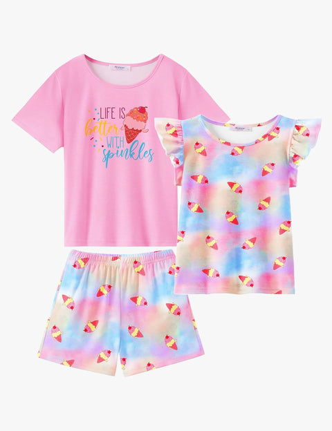 [4Y-12Y] Arshiner Girls Pajamas Set Short Sleeve Pjs 3PCS Lounge Sets