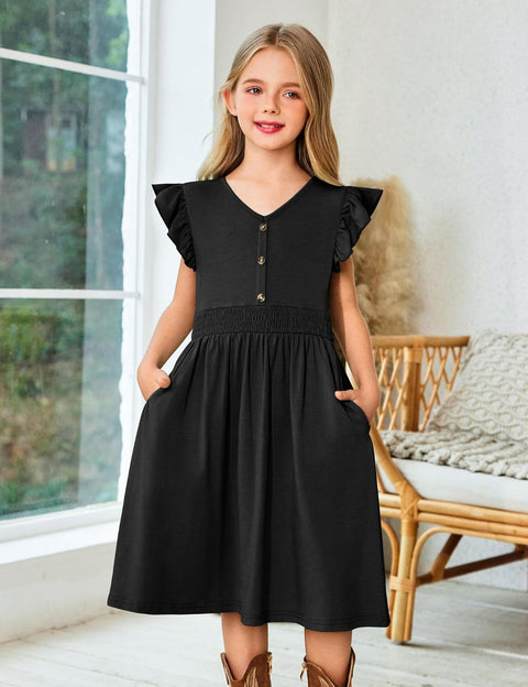 Arshiner Girls Dresses Ruffle Sleeve A-Line V-Neck Sundress