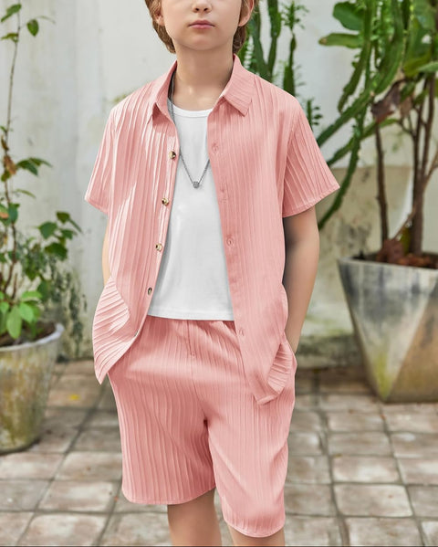 [5Y-12Y] Arshiner Boy's Textured Button Up Shirt and Shorts Set