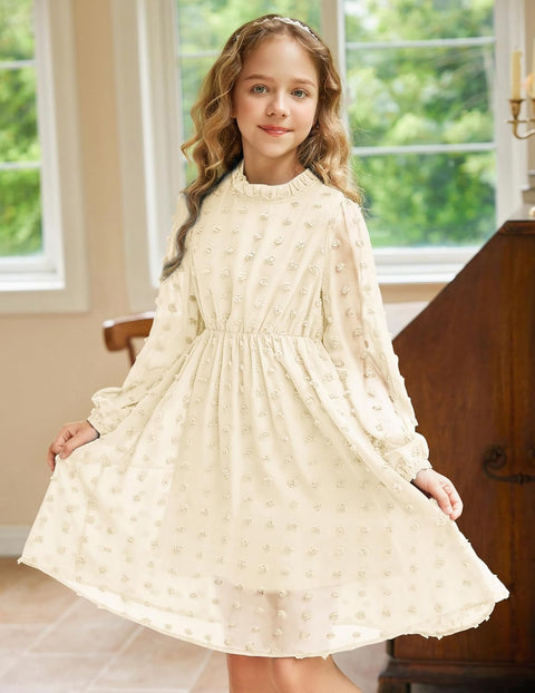 Arshiner Girls Dress Long Sleeve Swiss Dot Ruffle Collar Flowy A-Line Party Dress for Kids 5-13Y