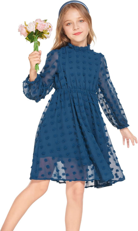 Arshiner Girls Dress Long Sleeve Swiss Dot Ruffle Collar Flowy A-Line Party Dress for Kids 5-13Y