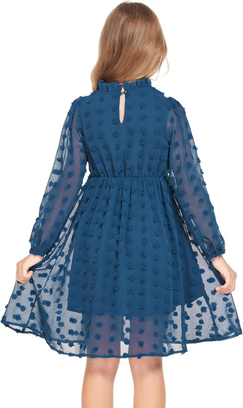 Arshiner Girls Dress Long Sleeve Swiss Dot Ruffle Collar Flowy A-Line Party Dress for Kids 5-13Y