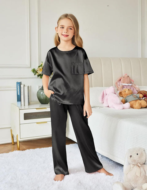 Arshiner Girls' Pajama Sets Satin Soft Silk Pjs Lounge Set Sleepwear