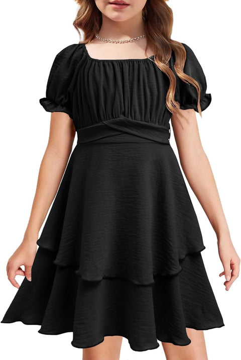 Arshiner Girls Dress Summer Off Shoulder Puff Sleeve Ruffle Tiered Layer Party Dresses